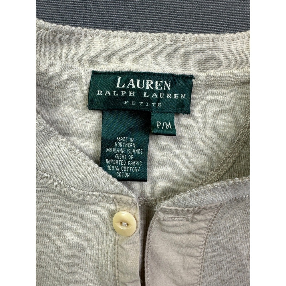 Lauren Ralph Lauren Petite Oatmeal Heather Cotton Henley Top P/M short Sleeve